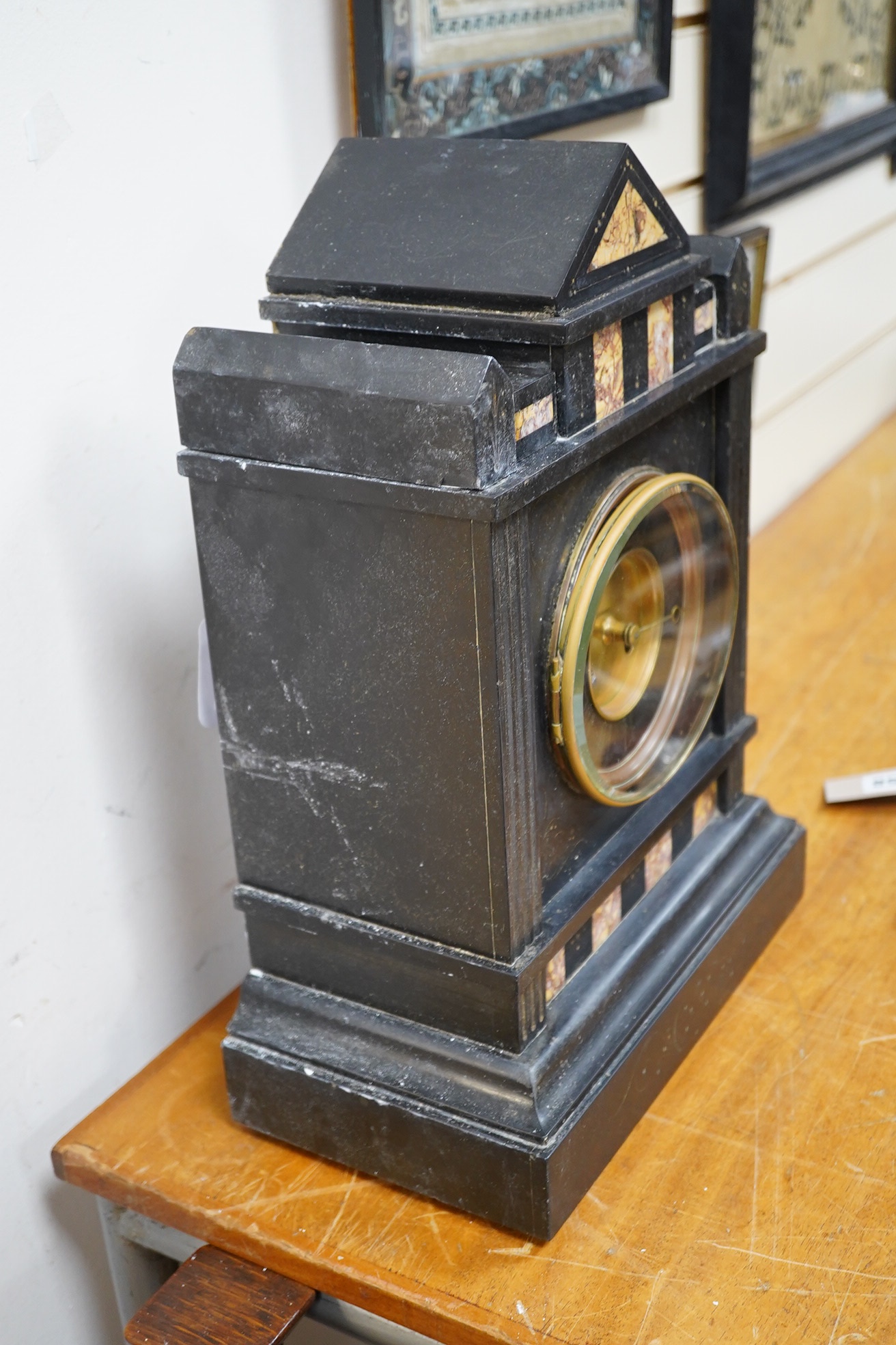 A late 19th century slate mantel clock, 38.5cm condition - poor to fair